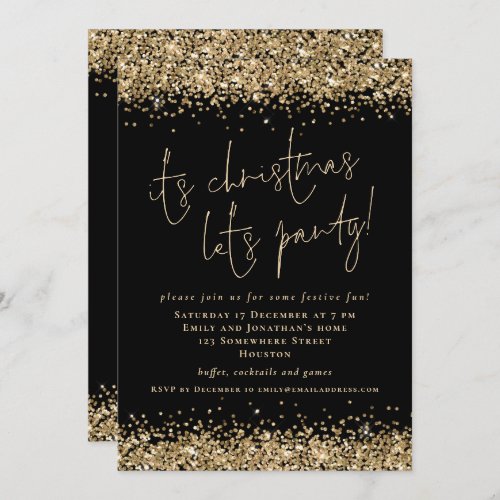 Glam Gold Glitter Its Christmas Lets Party Black Invitation