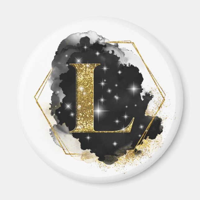 Glam Gold Glitter L Monogram Magnet (Front)