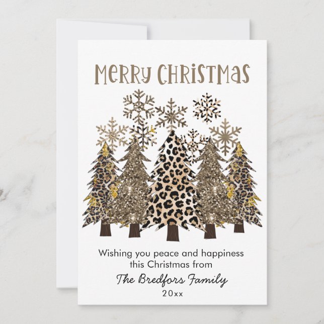 Glam Gold Glitter Leopard Print Trees Christmas Holiday Card (Front)