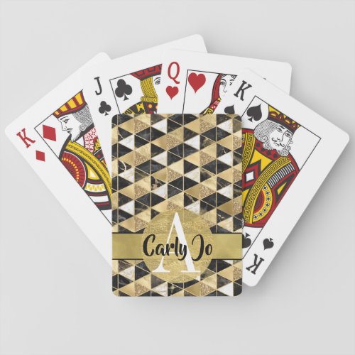 Glam Gold Glitter Marble Geometric Monogrammed Poker Cards