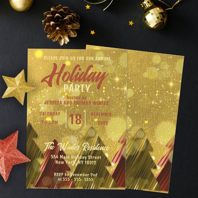 Glam Gold Glitter Metallic Trees Holiday Party Invitation (Creator Uploaded)