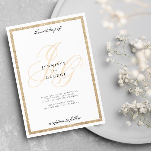 Glam gold glitter monogram initials white wedding invitation