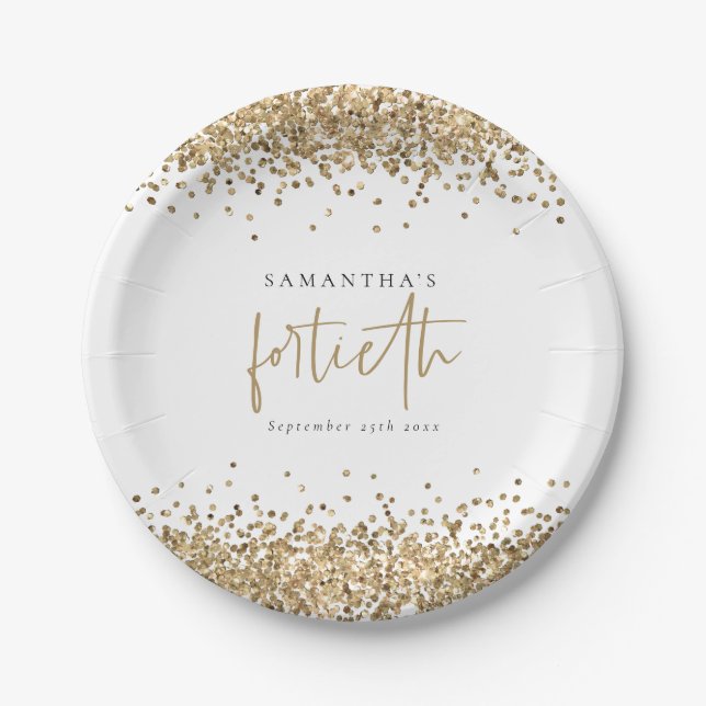 Glam Gold Glitter Name Date Fortieth Birthday Paper Plates (Front)