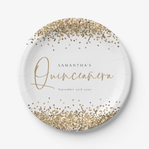 Glam Gold Glitter Name Date Quinceaera 15th Party Paper Plates