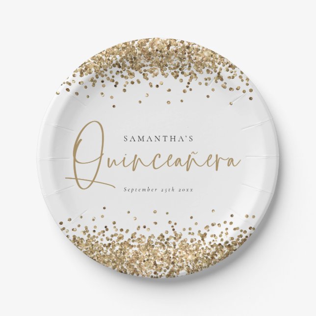 Glam Gold Glitter Name Date Quinceañera 15th Party Paper Plates (Front)