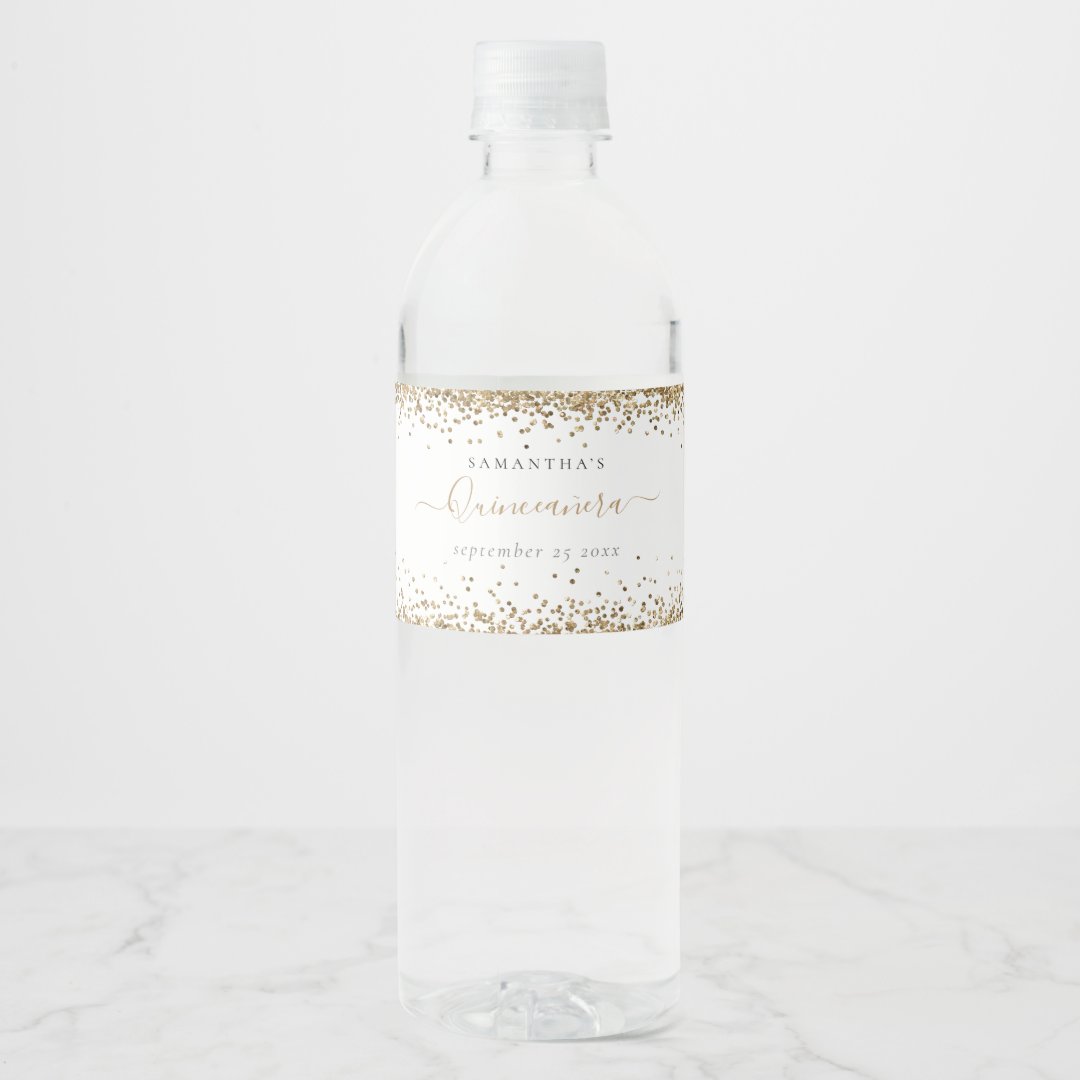 Glam Gold Glitter Name Date Quinceañera Party Water Bottle Label Zazzle