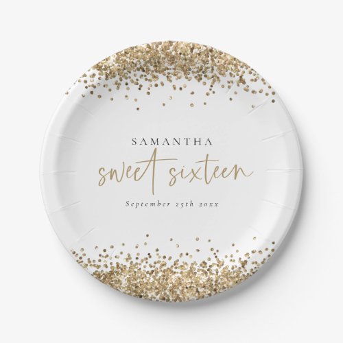 Glam Gold Glitter Name Date Sweet Sixteen Paper Plates