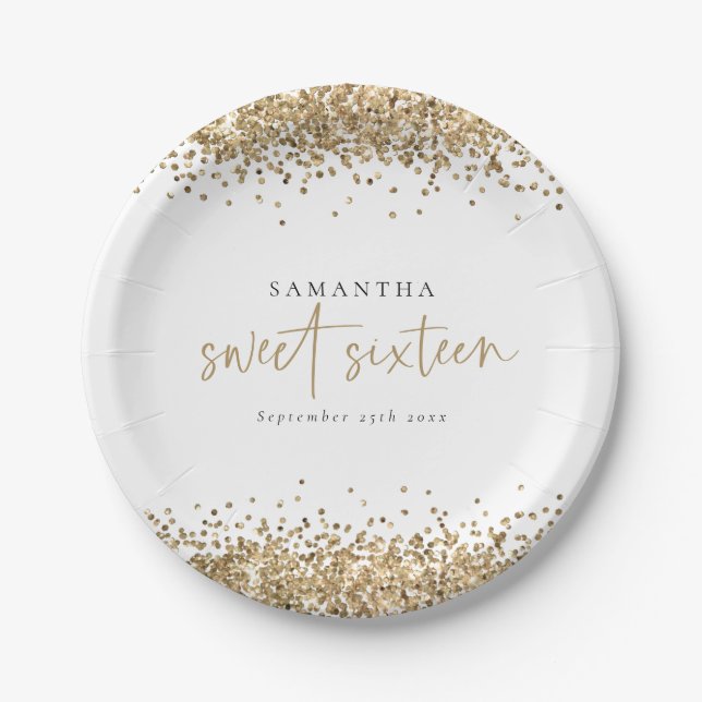 Glam Gold Glitter Name Date Sweet Sixteen Paper Plates (Front)