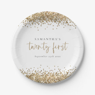 Glam Gold Glitter Name Date Twenty First Party Paper Plates