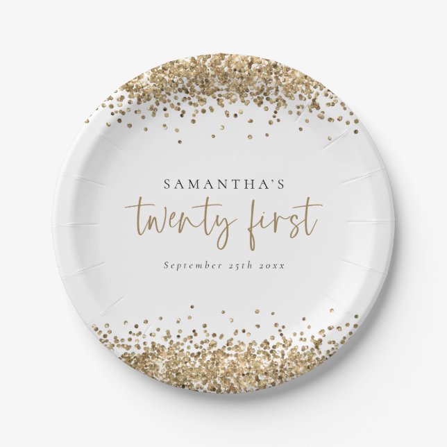 Glam Gold Glitter Name Date Twenty First Party Paper Plates (Front)