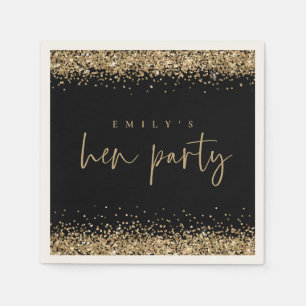 Glam Gold Glitter Name Hen Party Black Napkins