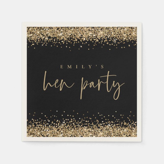 Glam Gold Glitter Name Hen Party Black Napkins (Front)