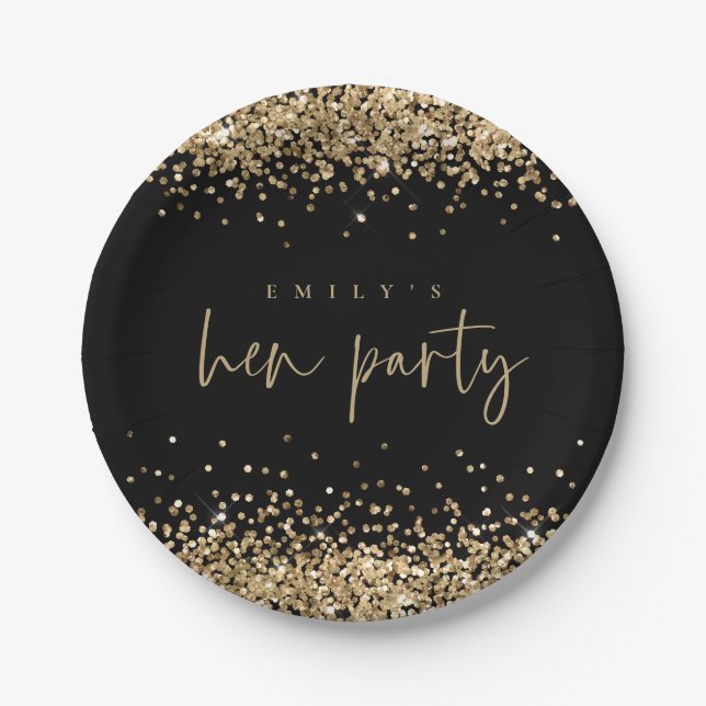 Glam Gold Glitter Name Hen Party Black Paper Plates (Front)