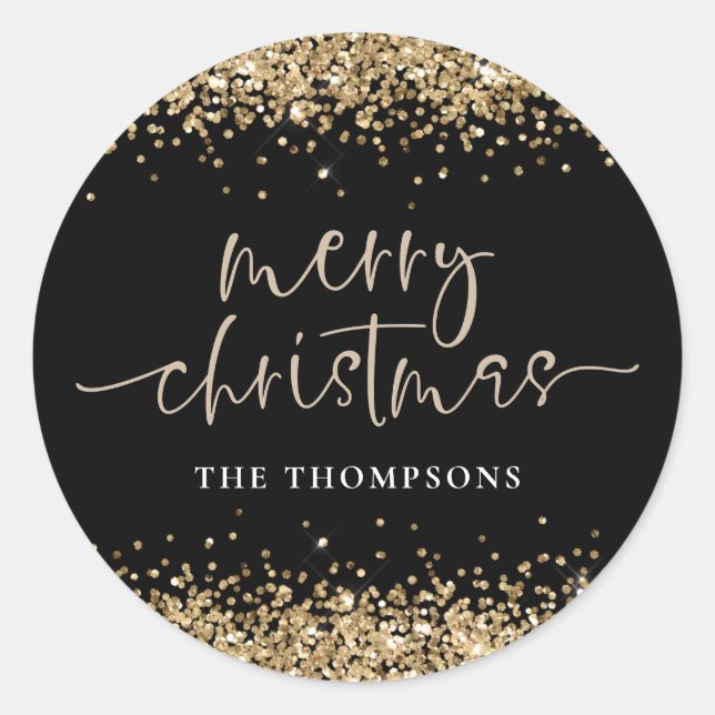 Glam Gold Glitter Name Merry Christmas Black Classic Round Sticker (Front)