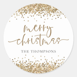 Glam Gold Glitter Name Merry Christmas Classic Round Sticker