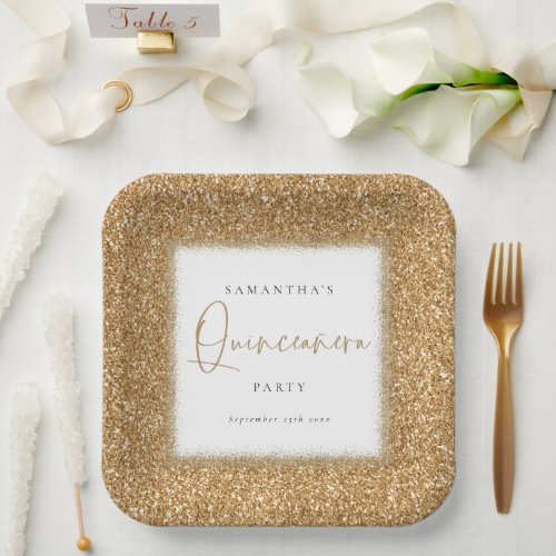 Glam Gold Glitter Name Quinceaera Party Paper Plates