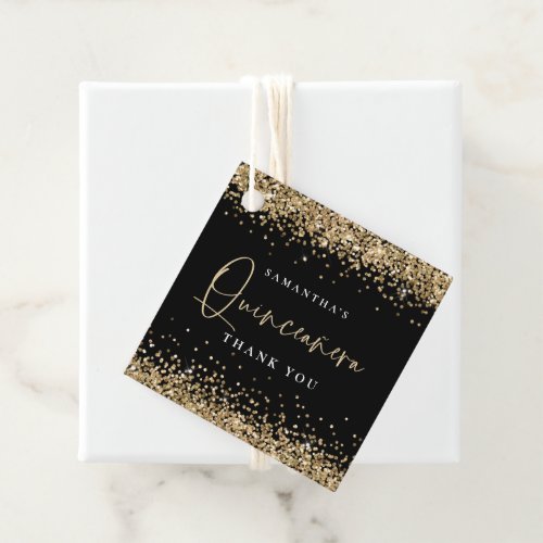 Glam Gold Glitter Name Quinceaera Thank You Black Favor Tags