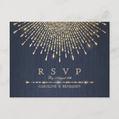 Glam gold glitter navy deco vintage wedding RSVP Invitation Postcard