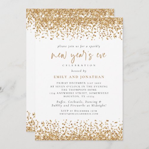 Glam Gold Glitter New Years Eve White Invitation