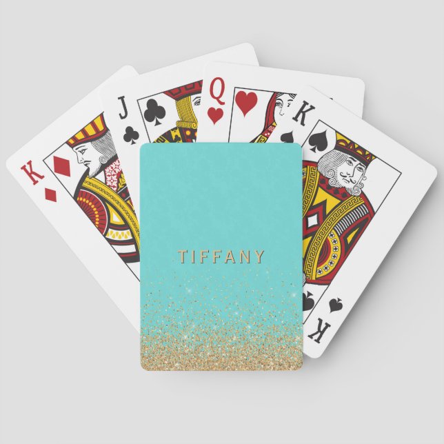 Glam Gold Glitter Ombre Blue Damask Custom Poker Cards (Back)