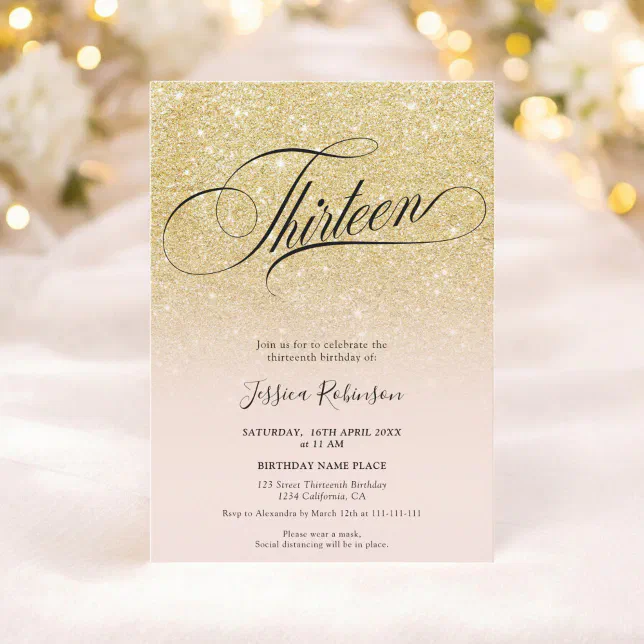 Glam gold glitter ombre chic script pink Thirteen Invitation | Zazzle