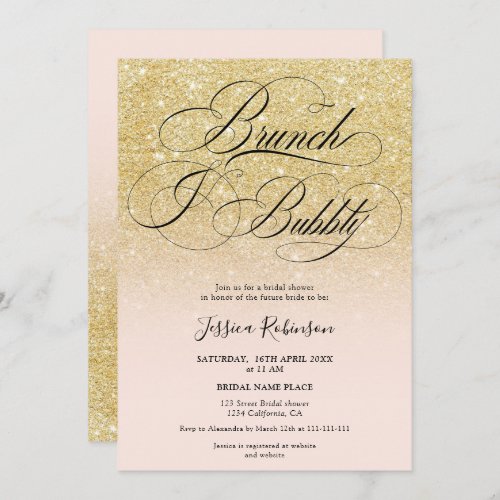 Glam gold glitter ombre script pink bridal shower invitation