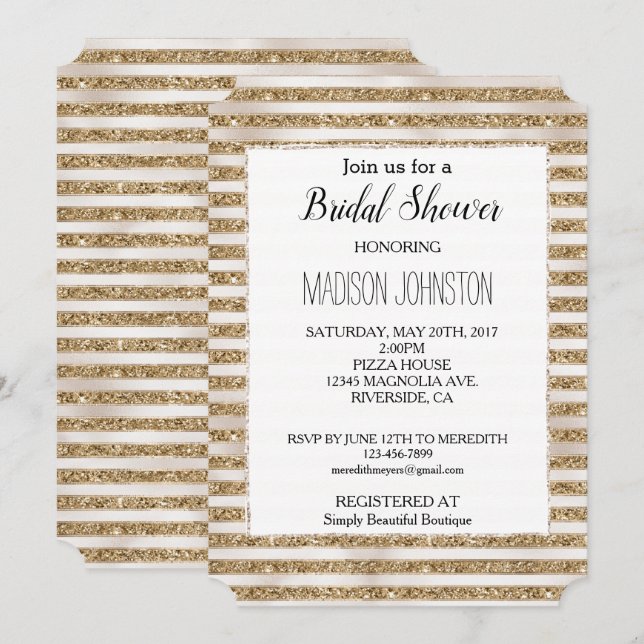 Glam Gold Glitter Pearl Stripes Invitation (Front/Back)