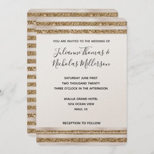 Glam Gold Glitter Pearl Stripes Wedding Invitation