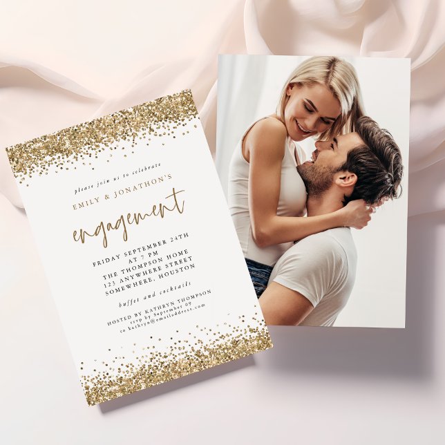 Glam Gold Glitter Photo Engagement Invitation (Front and back view)