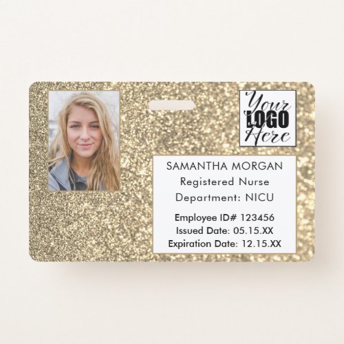 Glam Gold Glitter Photo Logo Employee ID Badge