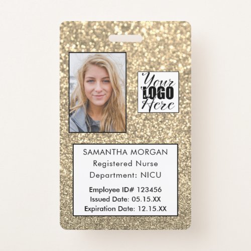 Glam Gold Glitter Photo Logo Employee ID Badge