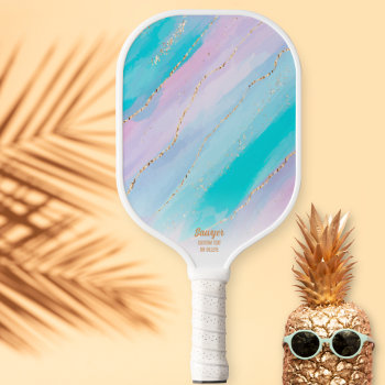 Glam Gold Glitter Pink Blue Marble Personalized Pickleball Paddle by colorfulgalshop at Zazzle