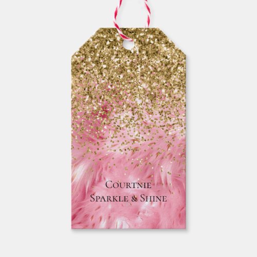 Glam Gold Glitter Pink Faux Fur Gift Tags