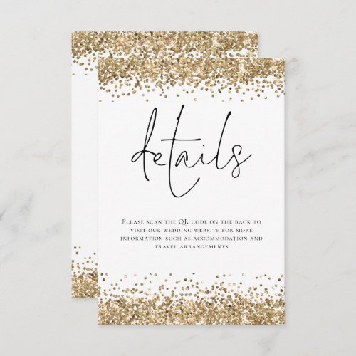 Glam Gold Glitter QR Code Script Wedding Details Enclosure Card