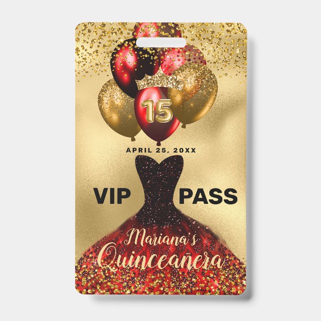 Glam Gold Glitter Red Dress Quinceanera VIP Badge (Front)