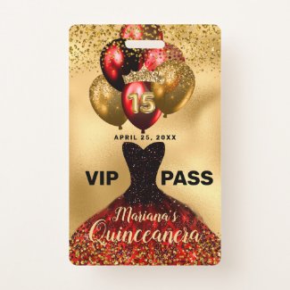 Glam Gold Glitter Red Dress Quinceanera VIP Badge