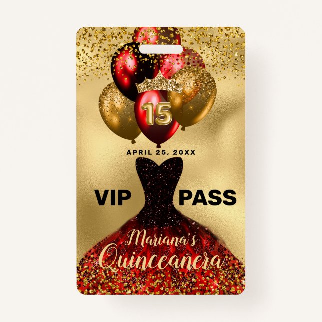 Glam Gold Glitter Red Dress Quinceanera VIP Badge (Front)