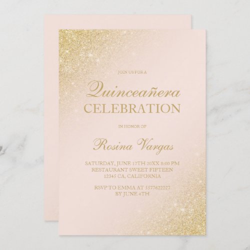 Glam gold glitter script blush pink Quinceanera Invitation