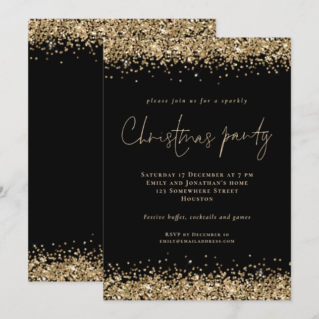 Glam Gold Glitter Script Christmas Party Black Invitation (Front/Back)