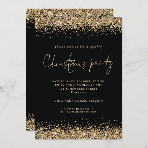 Glam Gold Glitter Script Christmas Party Black Invitation