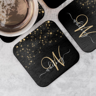 Glam Gold Glitter Sparkle Elegant Monogram Black Square Paper Coaster