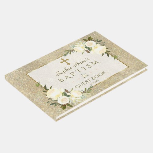 Glam Gold Glitter White Floral Girl Baptism Guest Book