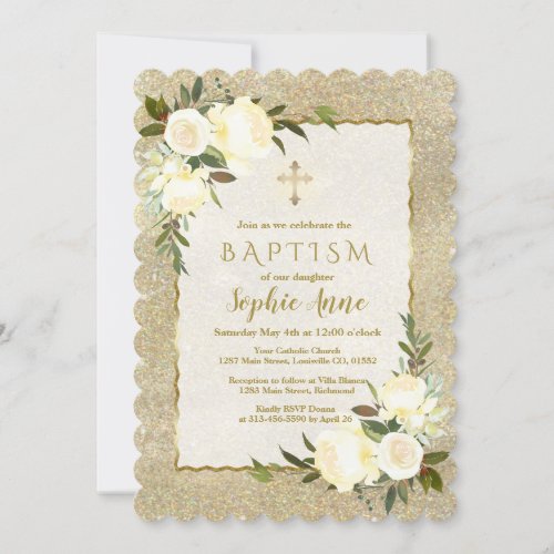 Glam Gold Glitter White Floral Gold Cross Baptism Invitation
