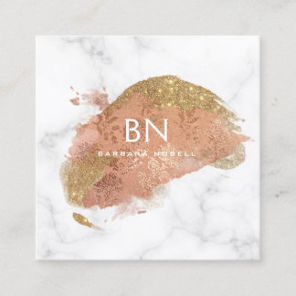 Glam Gold Glitter White Marble Monogram Square Business Card