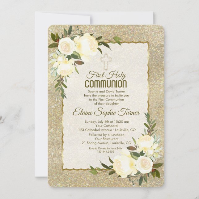 Glam Gold Glitter White Roses First Holy Communion Invitation (Front)