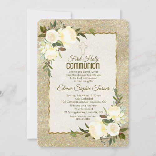 Glam Gold Glitter White Roses First Holy Communion Invitation