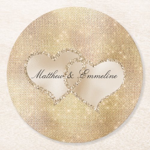 Glam Gold Glitz Sparkle Hearts Wedding       Round Paper Coaster