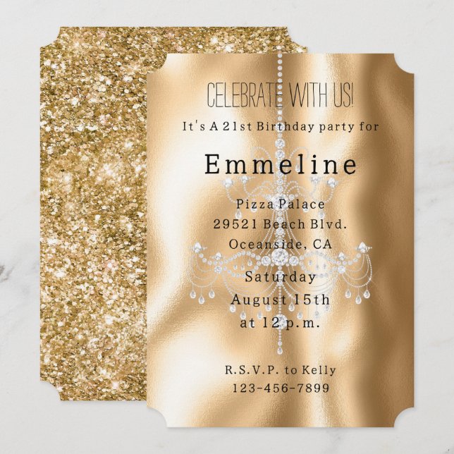 Glam Gold Glitzy Diamonds Chandelier Invitation (Front/Back)