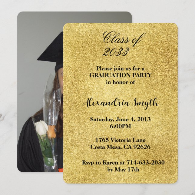 Glam Gold Graduation Your Photo Invitation (Front/Back)