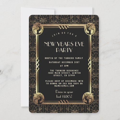 Glam Gold Great Gatsby 20s New Years Eve Party Invitation